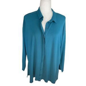 Eileen Fisher Teal Hidden Button Placard Button Front Top Size M